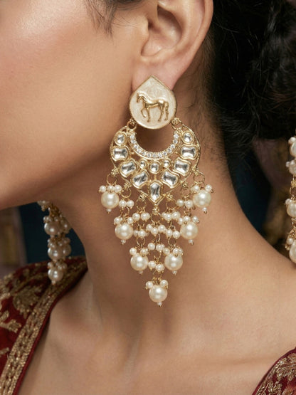 Meira Jewellery Gold Plated Traditional Kundan Drop Earrings for Women, Statement Chandbali Style Earrings with Stone Work and Beaded Dangling Drops, Festive Wedding Party Long Dangler Earrings-03