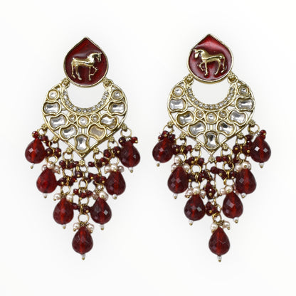 Meira Jewellery Gold Plated Traditional Kundan Drop Earrings for Women, Statement Chandbali Style Earrings with Stone Work and Beaded Dangling Drops, Festive Wedding Party Long Dangler Earrings-04