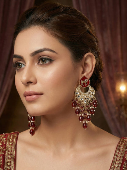 Meira Jewellery Gold Plated Traditional Kundan Drop Earrings for Women, Statement Chandbali Style Earrings with Stone Work and Beaded Dangling Drops, Festive Wedding Party Long Dangler Earrings-04