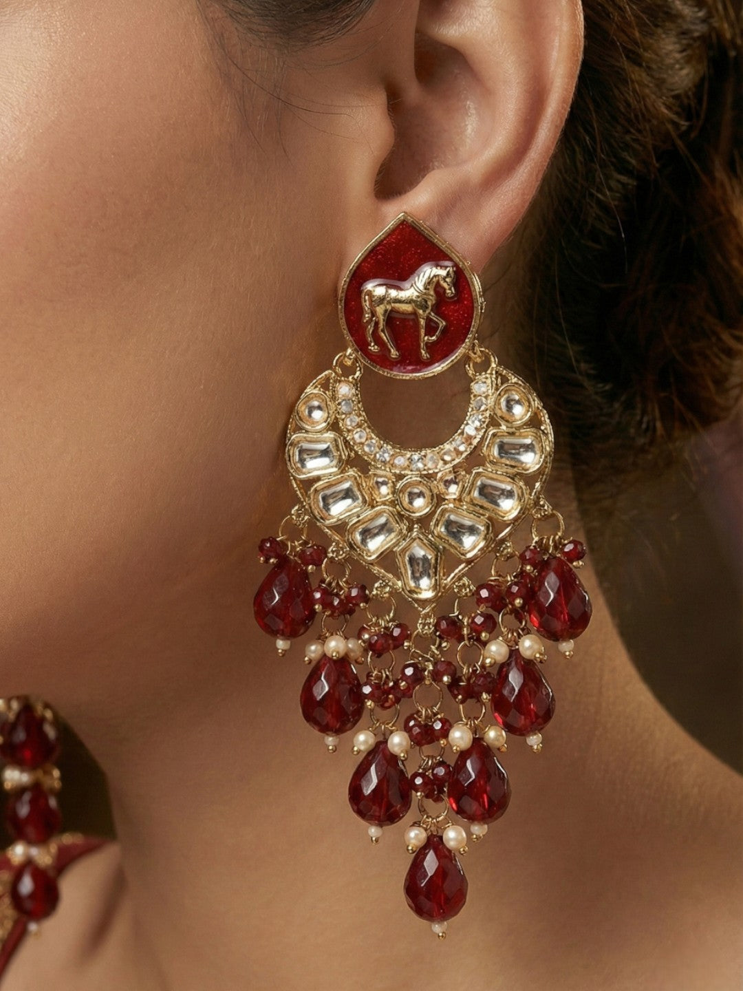 Meira Jewellery Gold Plated Traditional Kundan Drop Earrings for Women, Statement Chandbali Style Earrings with Stone Work and Beaded Dangling Drops, Festive Wedding Party Long Dangler Earrings-04