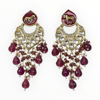 Meira Jewellery Gold Plated Traditional Kundan Drop Earrings for Women, Statement Chandbali Style Earrings with Stone Work and Beaded Dangling Drops, Festive Wedding Party Long Dangler Earrings-05