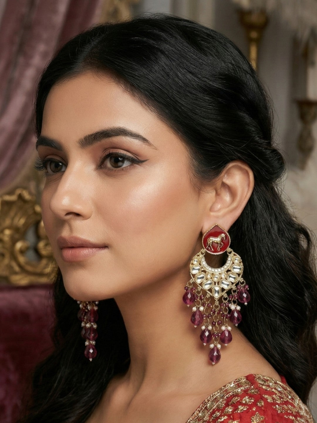 Meira Jewellery Gold Plated Traditional Kundan Drop Earrings for Women, Statement Chandbali Style Earrings with Stone Work and Beaded Dangling Drops, Festive Wedding Party Long Dangler Earrings-05