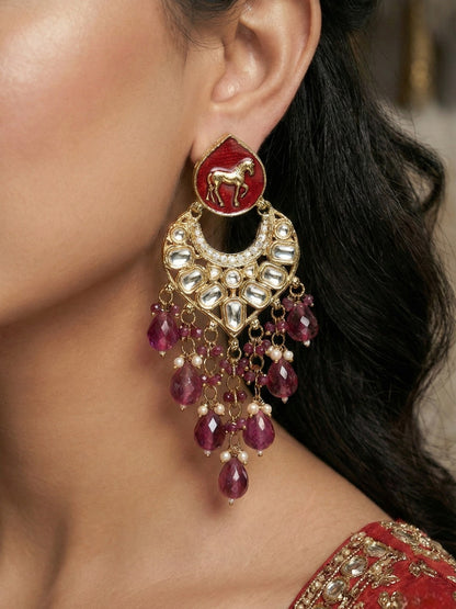 Meira Jewellery Gold Plated Traditional Kundan Drop Earrings for Women, Statement Chandbali Style Earrings with Stone Work and Beaded Dangling Drops, Festive Wedding Party Long Dangler Earrings-05