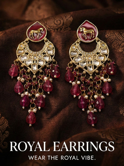 Meira Jewellery Gold Plated Traditional Kundan Drop Earrings for Women, Statement Chandbali Style Earrings with Stone Work and Beaded Dangling Drops, Festive Wedding Party Long Dangler Earrings-05