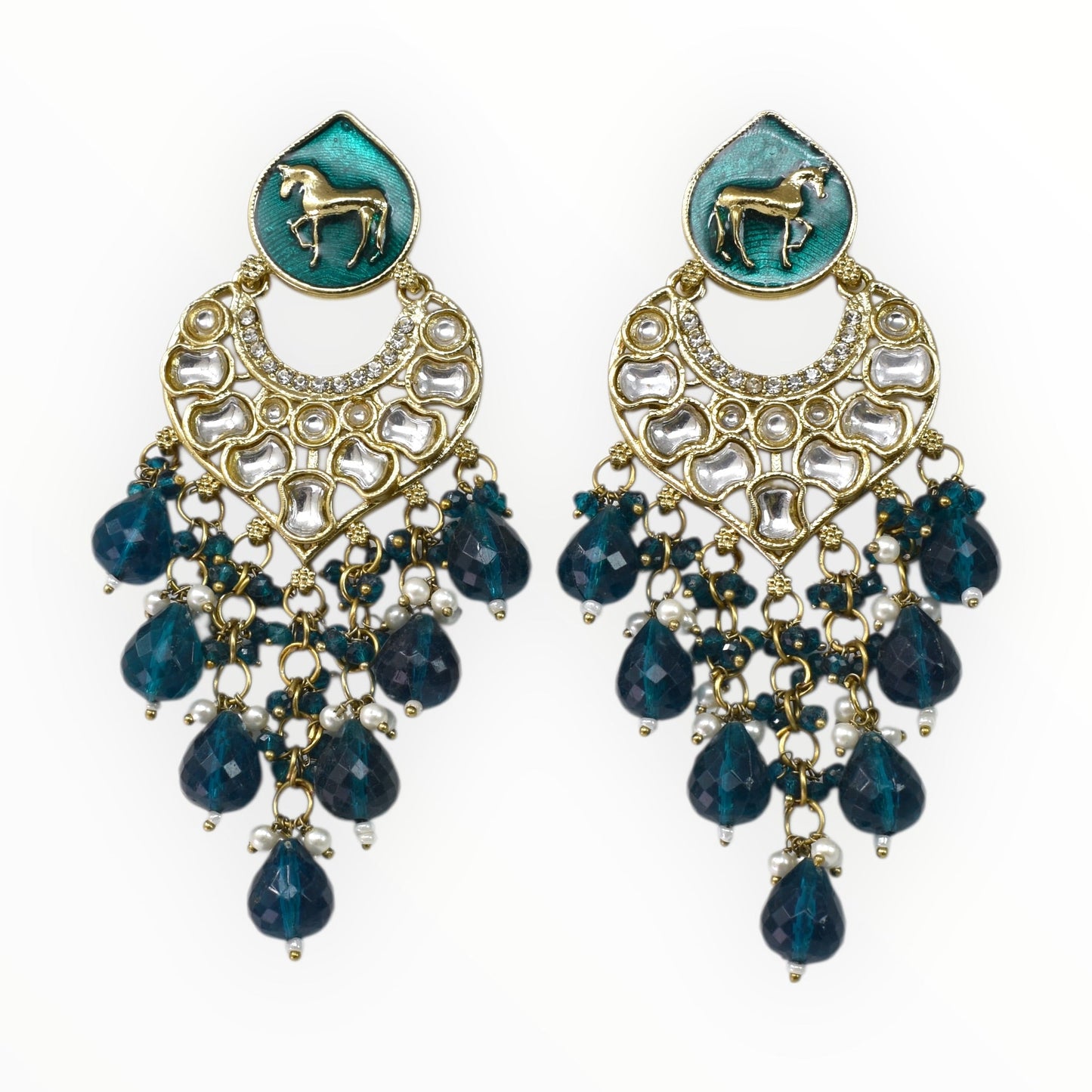 Meira Jewellery Gold Plated Traditional Kundan Drop Earrings for Women, Statement Chandbali Style Earrings with Stone Work and Beaded Dangling Drops, Festive Wedding Party Long Dangler Earrings-06