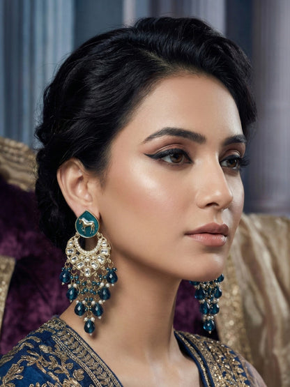 Meira Jewellery Gold Plated Traditional Kundan Drop Earrings for Women, Statement Chandbali Style Earrings with Stone Work and Beaded Dangling Drops, Festive Wedding Party Long Dangler Earrings-06