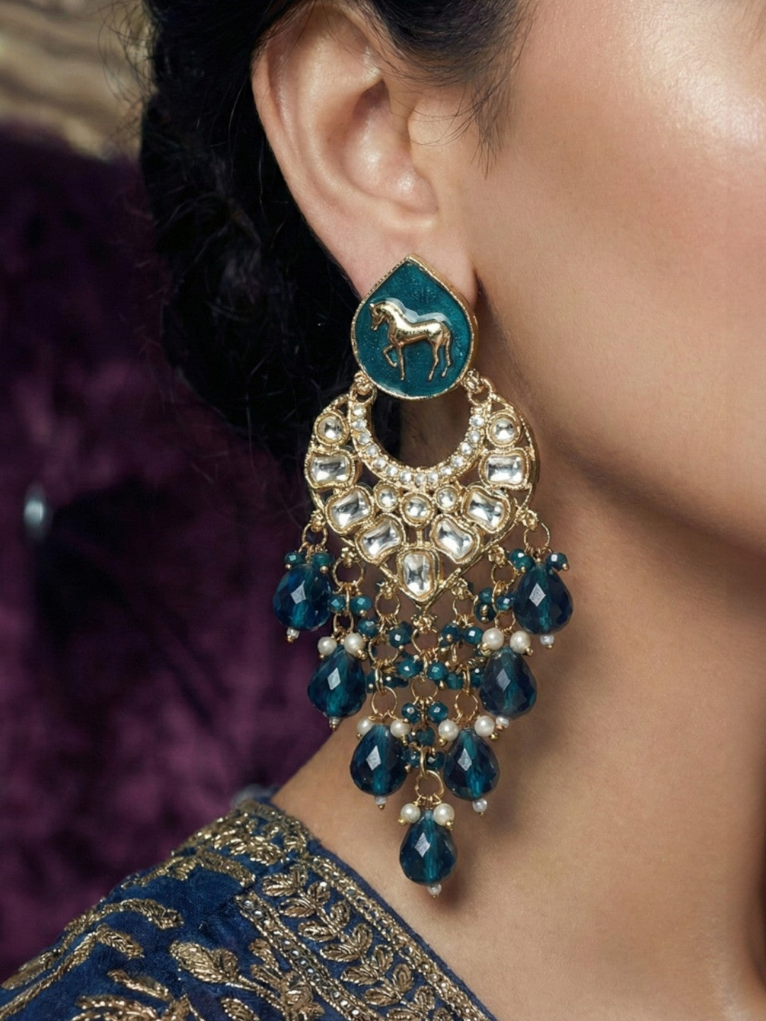 Meira Jewellery Gold Plated Traditional Kundan Drop Earrings for Women, Statement Chandbali Style Earrings with Stone Work and Beaded Dangling Drops, Festive Wedding Party Long Dangler Earrings-06