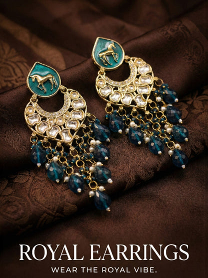 Meira Jewellery Gold Plated Traditional Kundan Drop Earrings for Women, Statement Chandbali Style Earrings with Stone Work and Beaded Dangling Drops, Festive Wedding Party Long Dangler Earrings-06