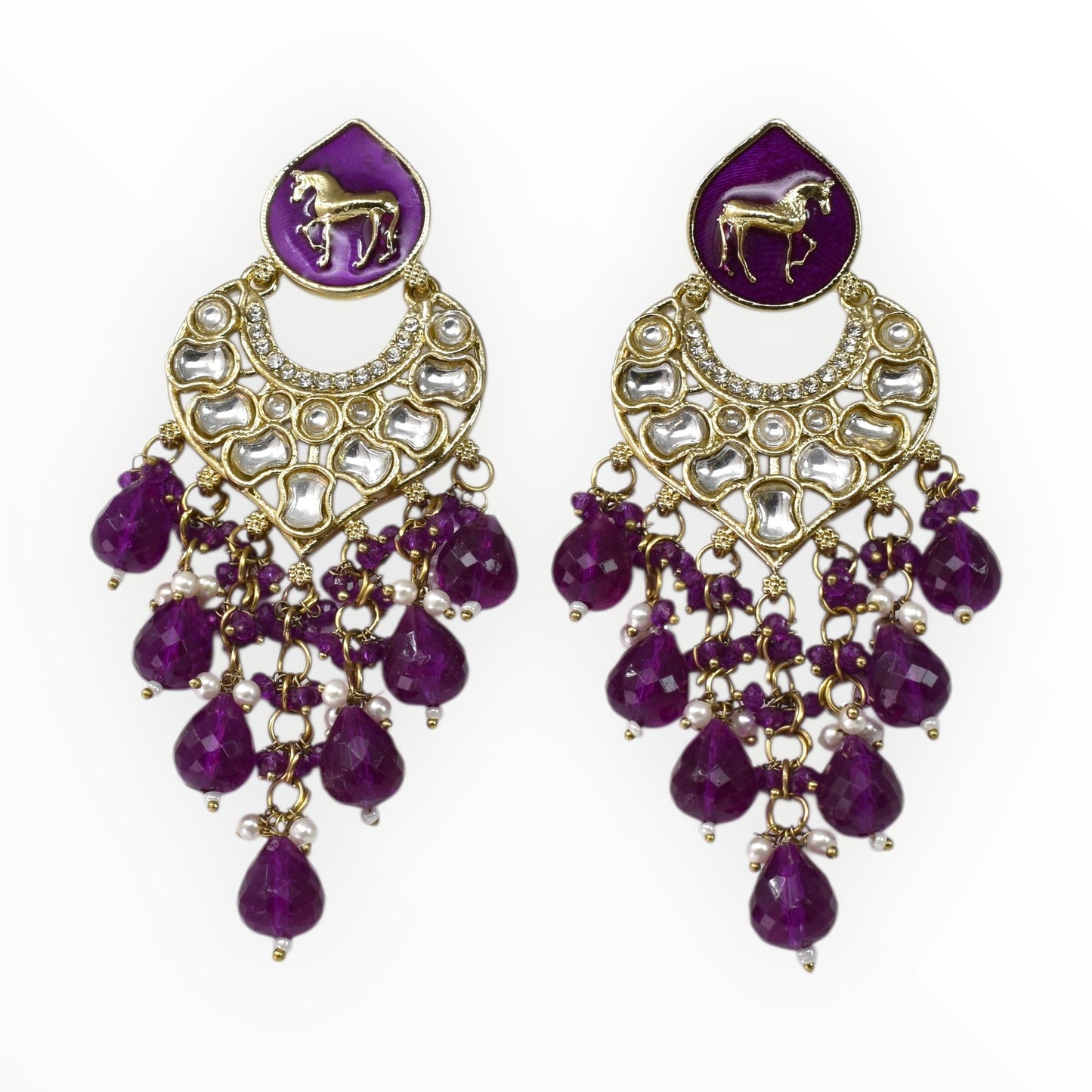 Meira Jewellery Gold Plated Traditional Kundan Drop Earrings for Women, Statement Chandbali Style Earrings with Stone Work and Beaded Dangling Drops, Festive Wedding Party Long Dangler Earrings-07