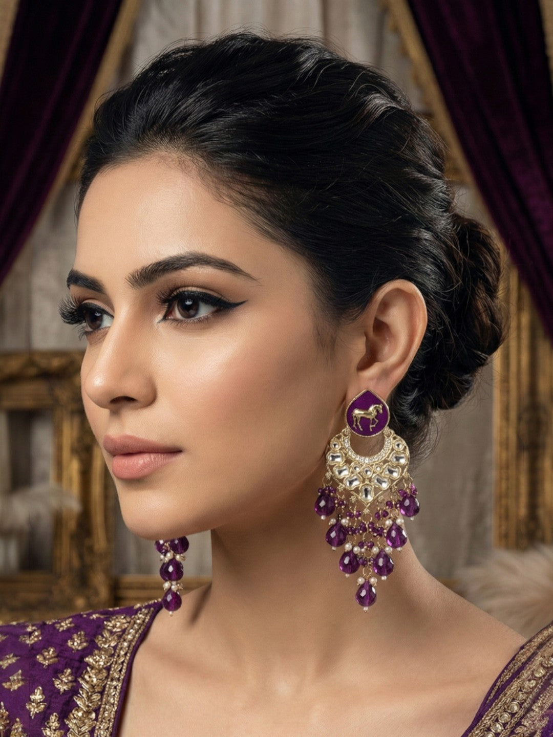 Meira Jewellery Gold Plated Traditional Kundan Drop Earrings for Women, Statement Chandbali Style Earrings with Stone Work and Beaded Dangling Drops, Festive Wedding Party Long Dangler Earrings-07