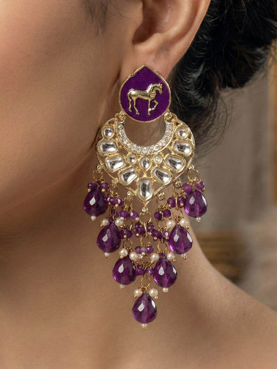 Meira Jewellery Gold Plated Traditional Kundan Drop Earrings for Women, Statement Chandbali Style Earrings with Stone Work and Beaded Dangling Drops, Festive Wedding Party Long Dangler Earrings-07