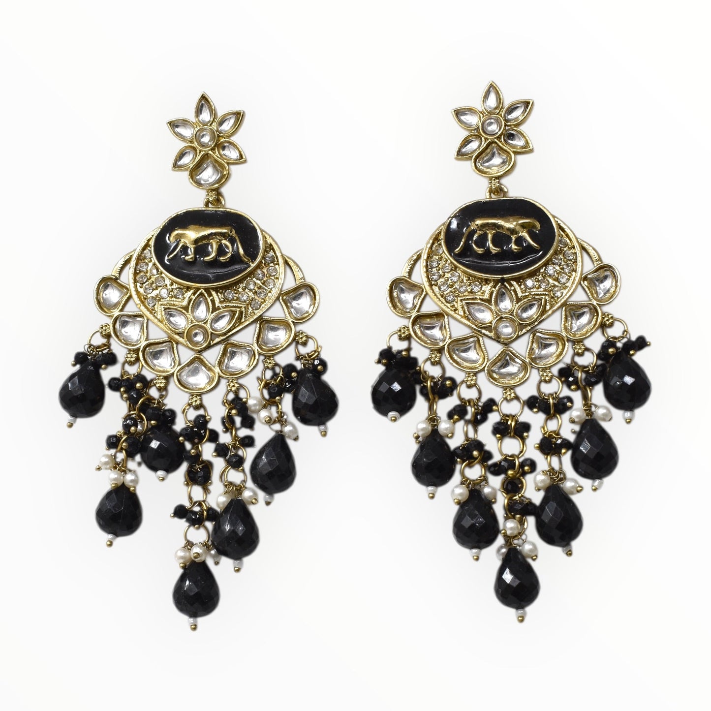 Meira Jewellery Gold Plated Traditional Kundan Drop Earrings for Women, Statement Chandbali Style Earrings with Stone Work and Beaded Dangling Drops, Festive Wedding Party Long Dangler Earrings-08