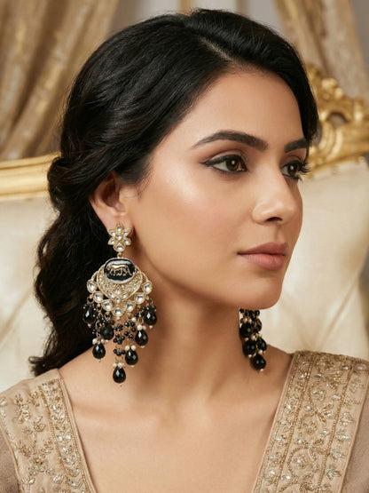 Meira Jewellery Gold Plated Traditional Kundan Drop Earrings for Women, Statement Chandbali Style Earrings with Stone Work and Beaded Dangling Drops, Festive Wedding Party Long Dangler Earrings-08