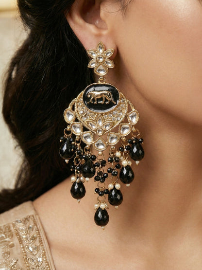 Meira Jewellery Gold Plated Traditional Kundan Drop Earrings for Women, Statement Chandbali Style Earrings with Stone Work and Beaded Dangling Drops, Festive Wedding Party Long Dangler Earrings-08