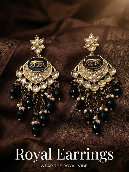 Meira Jewellery Gold Plated Traditional Kundan Drop Earrings for Women, Statement Chandbali Style Earrings with Stone Work and Beaded Dangling Drops, Festive Wedding Party Long Dangler Earrings-08