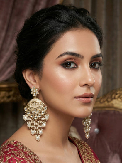 Meira Jewellery Gold Plated Traditional Kundan Drop Earrings for Women, Statement Chandbali Style Earrings with Stone Work and Beaded Dangling Drops, Festive Wedding Party Long Dangler Earrings-09