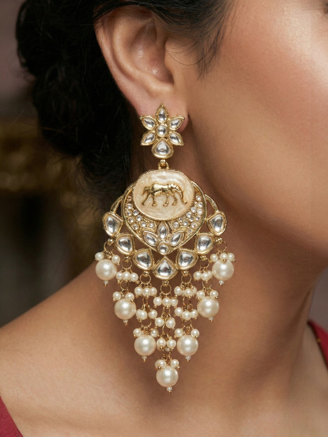 Meira Jewellery Gold Plated Traditional Kundan Drop Earrings for Women, Statement Chandbali Style Earrings with Stone Work and Beaded Dangling Drops, Festive Wedding Party Long Dangler Earrings-09