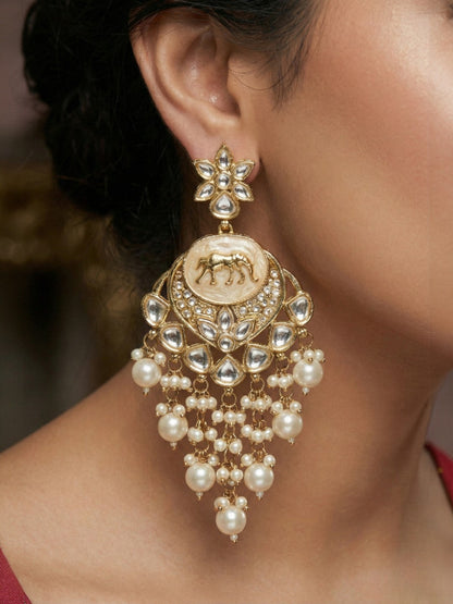 Meira Jewellery Gold Plated Traditional Kundan Drop Earrings for Women, Statement Chandbali Style Earrings with Stone Work and Beaded Dangling Drops, Festive Wedding Party Long Dangler Earrings-09
