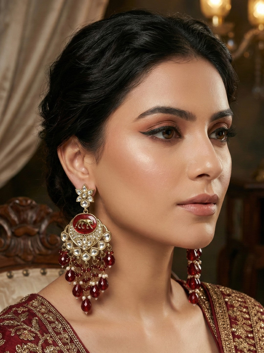 Meira Jewellery Gold Plated Traditional Kundan Drop Earrings for Women, Statement Chandbali Style Earrings with Stone Work and Beaded Dangling Drops, Festive Wedding Party Long Dangler Earrings-10