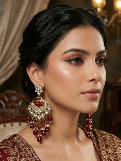 Meira Jewellery Gold Plated Traditional Kundan Drop Earrings for Women, Statement Chandbali Style Earrings with Stone Work and Beaded Dangling Drops, Festive Wedding Party Long Dangler Earrings-10