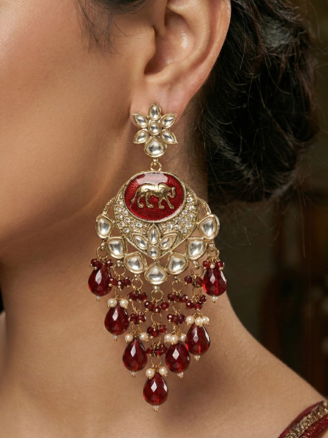 Meira Jewellery Gold Plated Traditional Kundan Drop Earrings for Women, Statement Chandbali Style Earrings with Stone Work and Beaded Dangling Drops, Festive Wedding Party Long Dangler Earrings-10