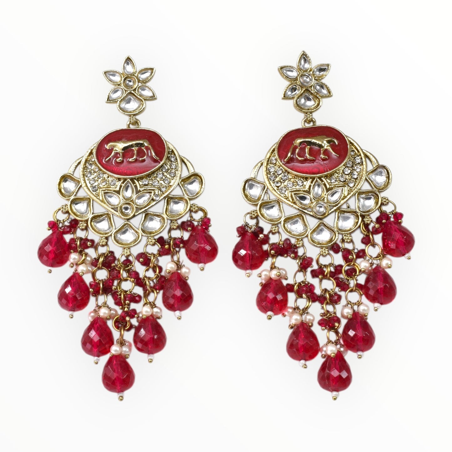 Meira Jewellery Gold Plated Traditional Kundan Drop Earrings for Women, Statement Chandbali Style Earrings with Stone Work and Beaded Dangling Drops, Festive Wedding Party Long Dangler Earrings-11