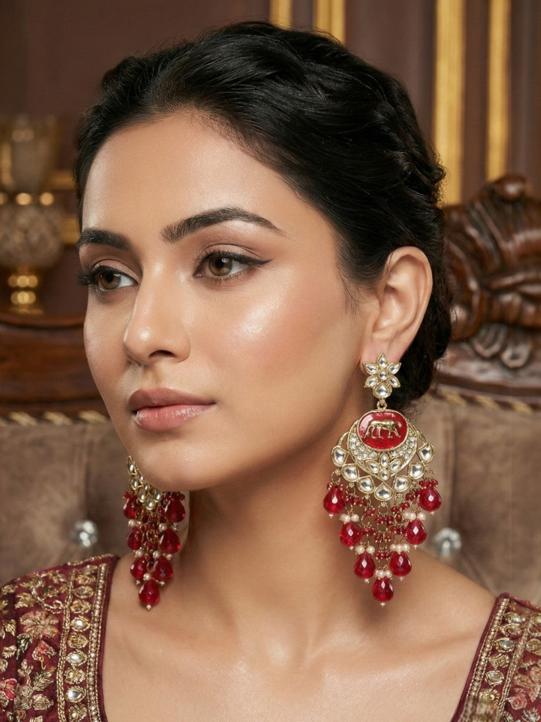 Meira Jewellery Gold Plated Traditional Kundan Drop Earrings for Women, Statement Chandbali Style Earrings with Stone Work and Beaded Dangling Drops, Festive Wedding Party Long Dangler Earrings-11