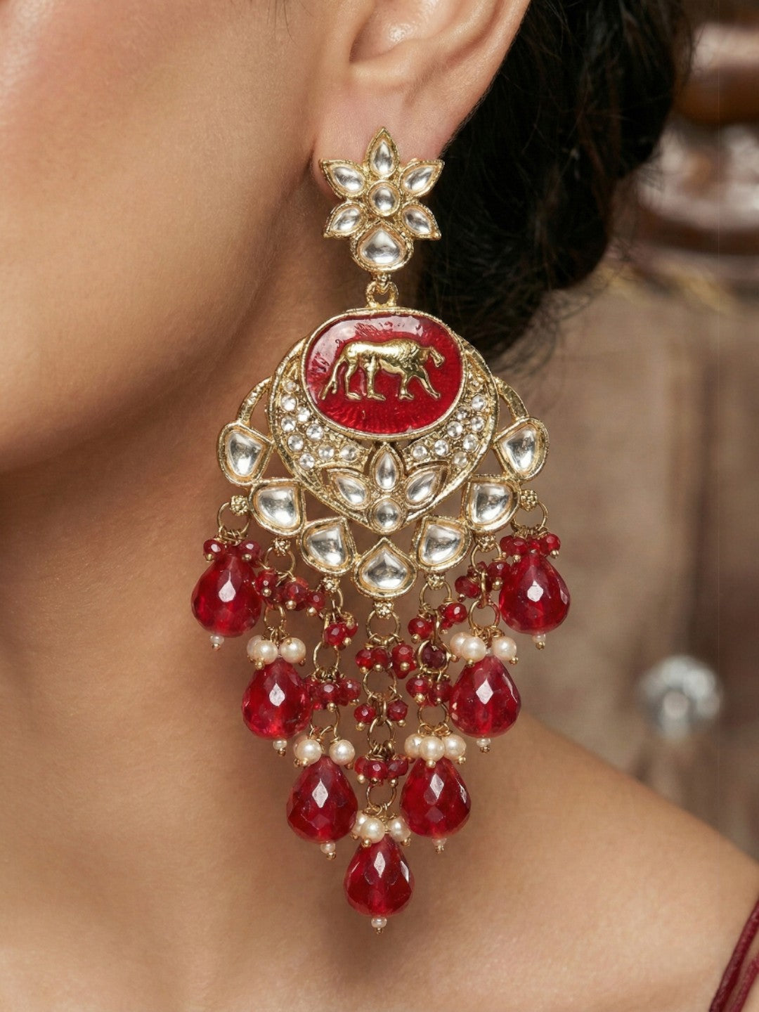 Meira Jewellery Gold Plated Traditional Kundan Drop Earrings for Women, Statement Chandbali Style Earrings with Stone Work and Beaded Dangling Drops, Festive Wedding Party Long Dangler Earrings-11