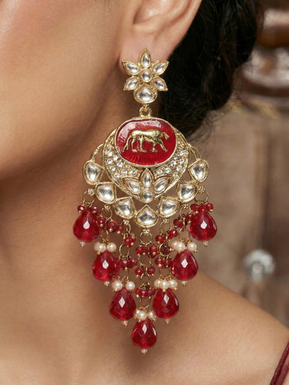 Meira Jewellery Gold Plated Traditional Kundan Drop Earrings for Women, Statement Chandbali Style Earrings with Stone Work and Beaded Dangling Drops, Festive Wedding Party Long Dangler Earrings-11