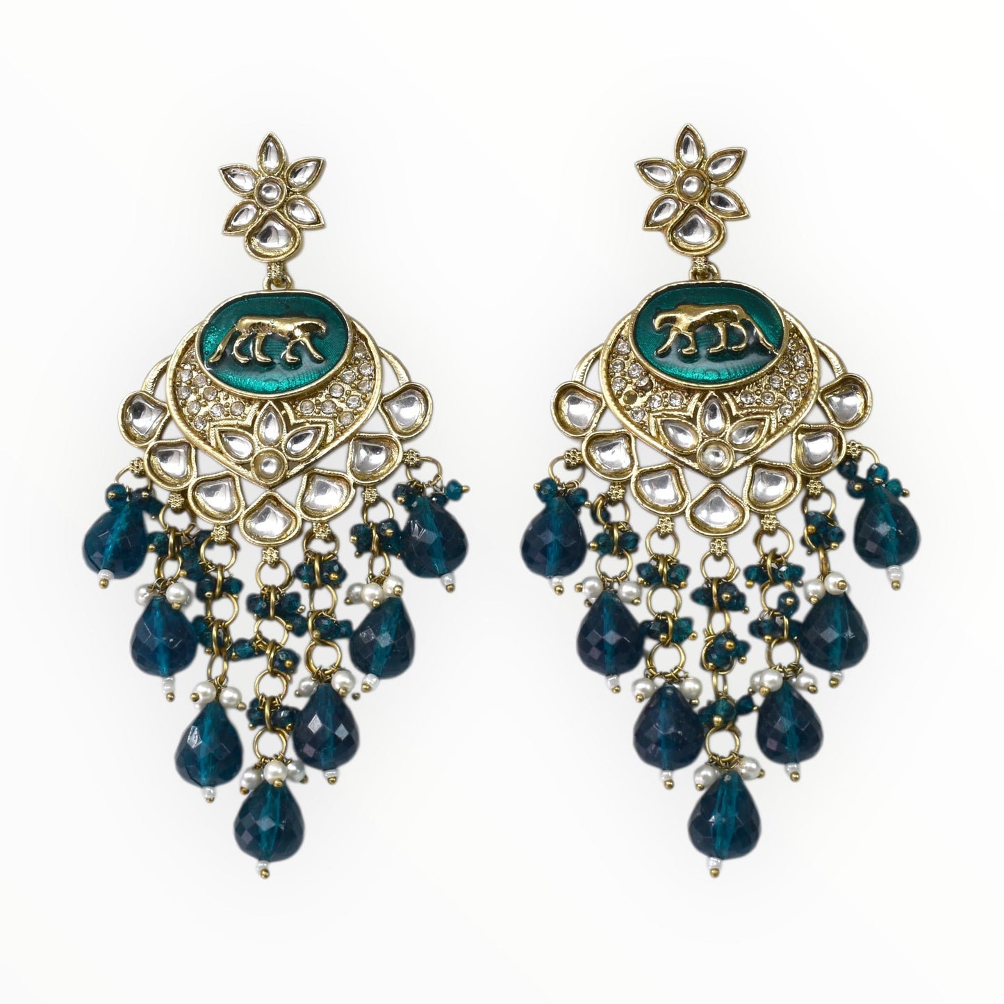 Meira Jewellery Gold Plated Traditional Kundan Drop Earrings for Women, Statement Chandbali Style Earrings with Stone Work and Beaded Dangling Drops, Festive Wedding Party Long Dangler Earrings-12