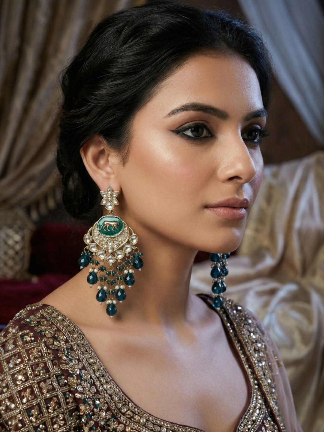 Meira Jewellery Gold Plated Traditional Kundan Drop Earrings for Women, Statement Chandbali Style Earrings with Stone Work and Beaded Dangling Drops, Festive Wedding Party Long Dangler Earrings-12