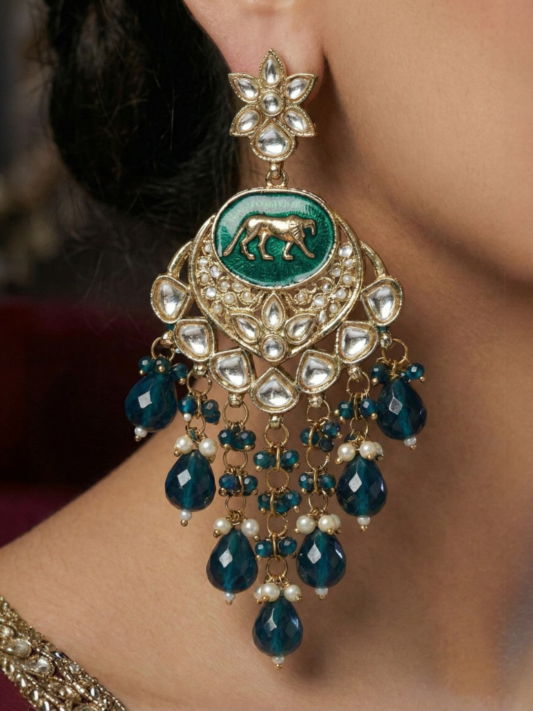 Meira Jewellery Gold Plated Traditional Kundan Drop Earrings for Women, Statement Chandbali Style Earrings with Stone Work and Beaded Dangling Drops, Festive Wedding Party Long Dangler Earrings-12