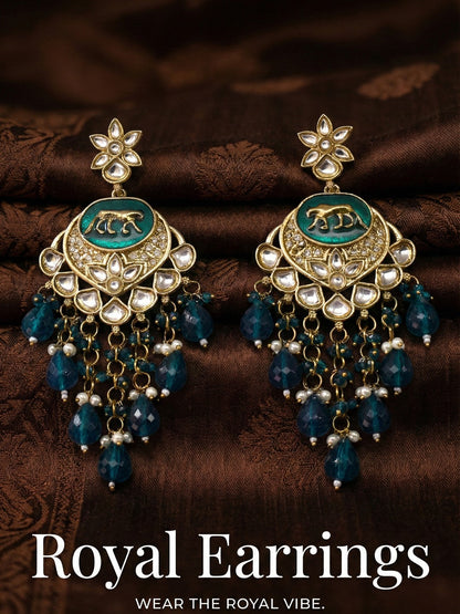 Meira Jewellery Gold Plated Traditional Kundan Drop Earrings for Women, Statement Chandbali Style Earrings with Stone Work and Beaded Dangling Drops, Festive Wedding Party Long Dangler Earrings-12