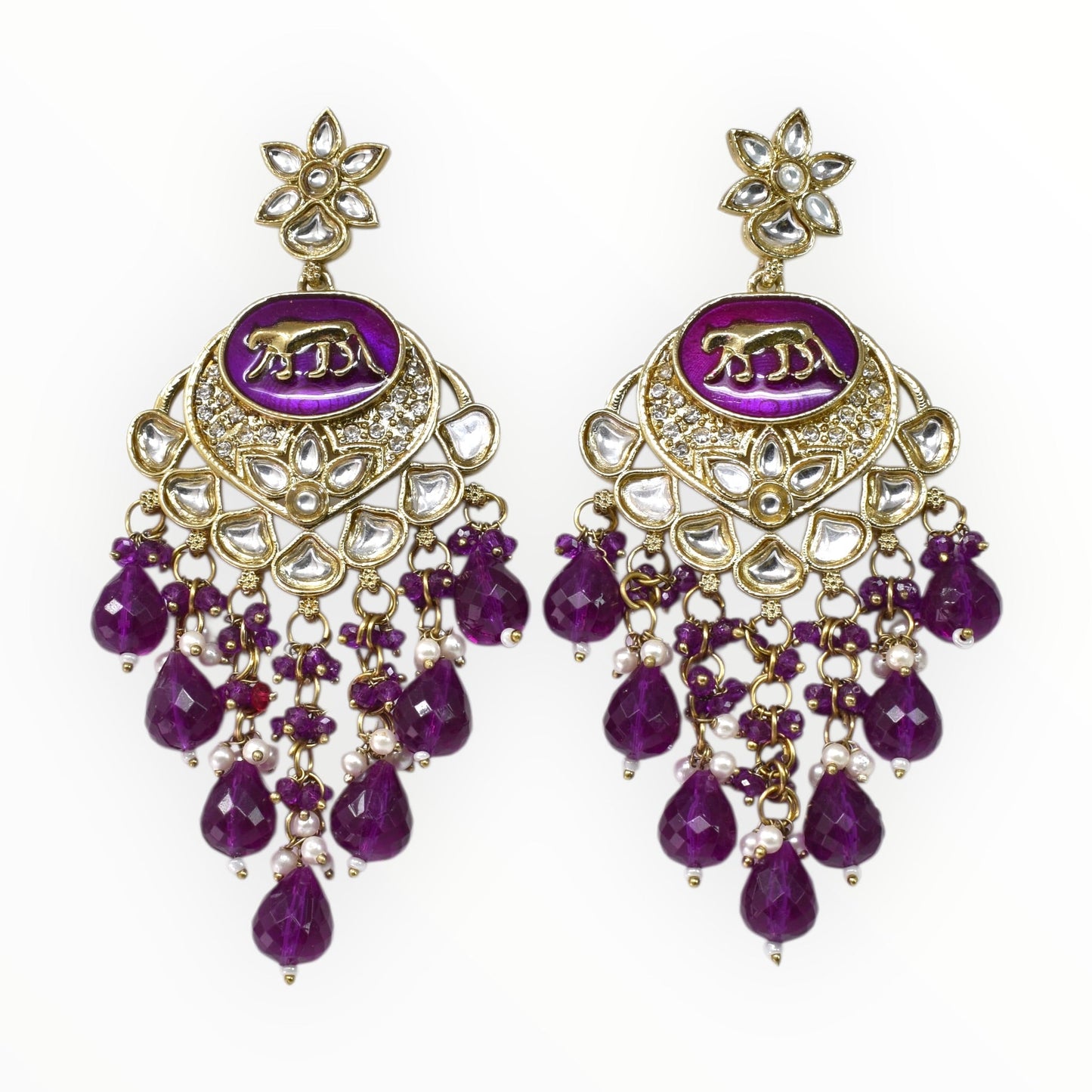 Meira Jewellery Gold Plated Traditional Kundan Drop Earrings for Women, Statement Chandbali Style Earrings with Stone Work and Beaded Dangling Drops, Festive Wedding Party Long Dangler Earrings-13