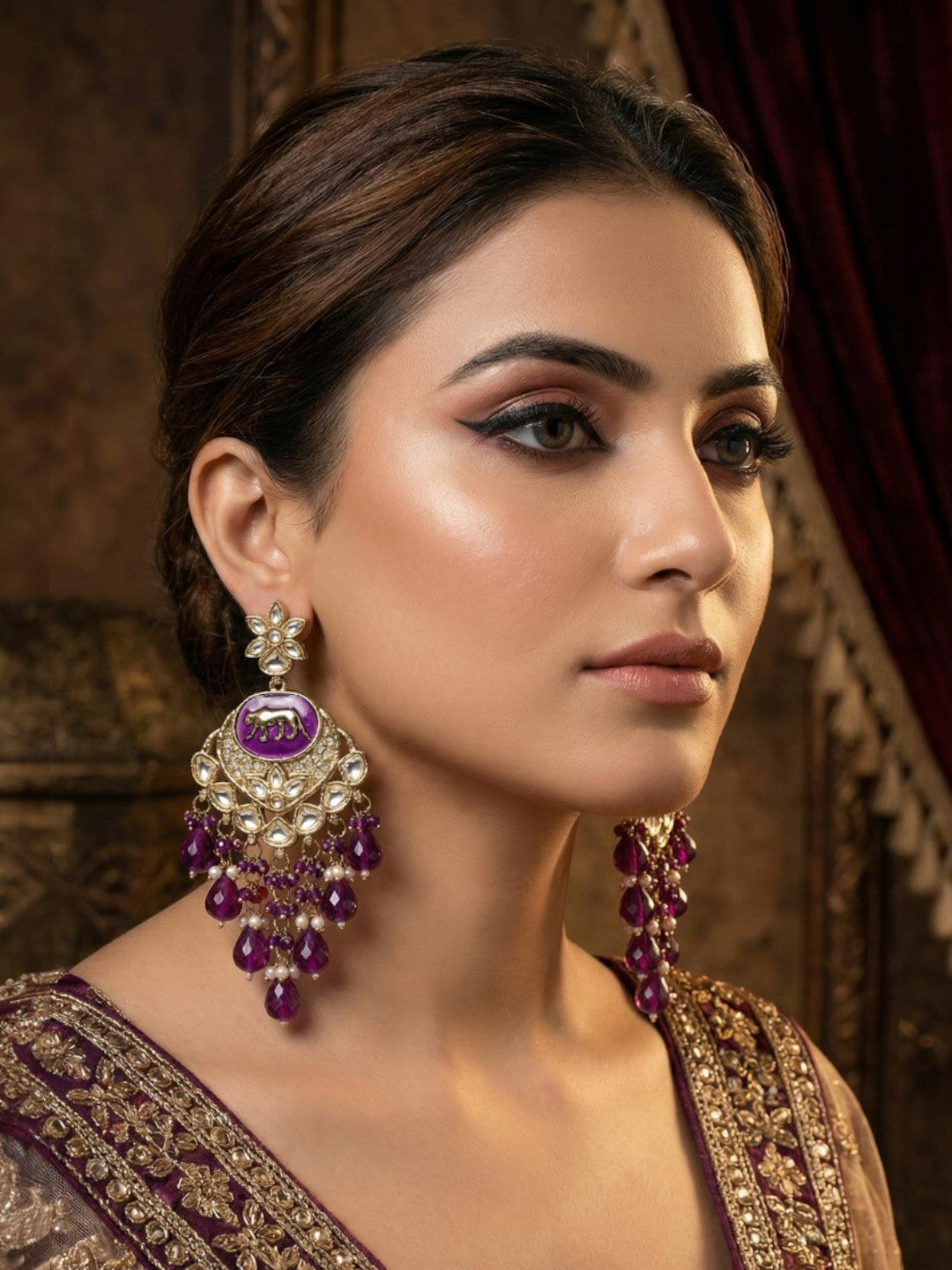 Meira Jewellery Gold Plated Traditional Kundan Drop Earrings for Women, Statement Chandbali Style Earrings with Stone Work and Beaded Dangling Drops, Festive Wedding Party Long Dangler Earrings-13