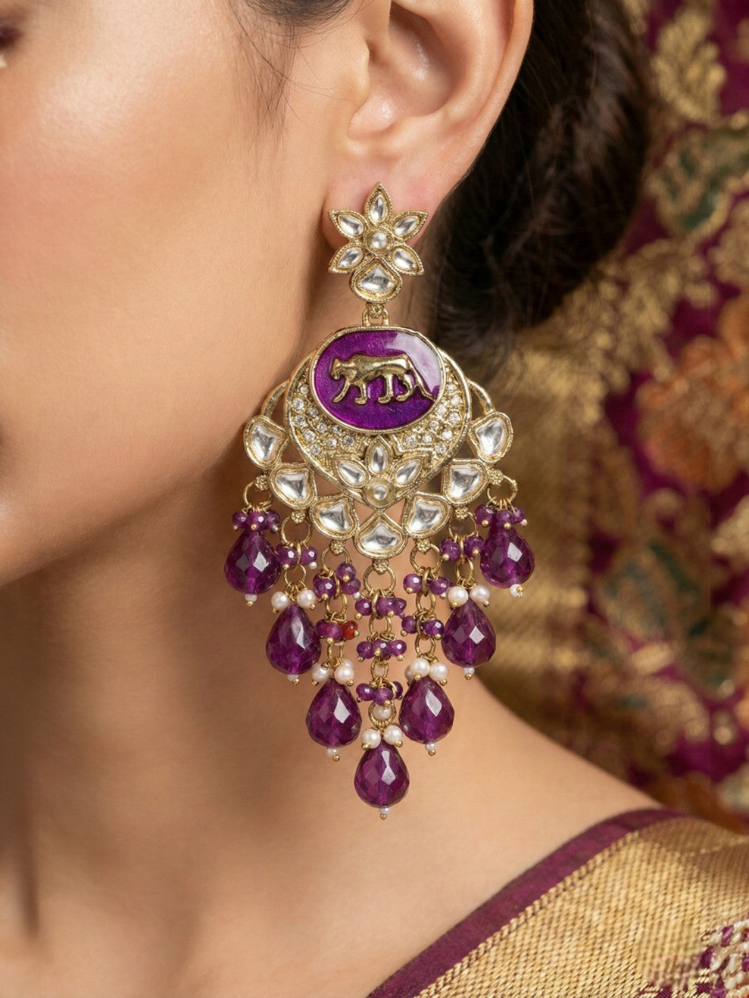 Meira Jewellery Gold Plated Traditional Kundan Drop Earrings for Women, Statement Chandbali Style Earrings with Stone Work and Beaded Dangling Drops, Festive Wedding Party Long Dangler Earrings-13