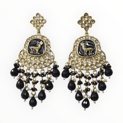 Meira Jewellery Gold Plated Traditional Kundan Drop Earrings for Women, Statement Chandbali Style Earrings with Stone Work and Beaded Dangling Drops, Festive Wedding Party Long Dangler Earrings-14