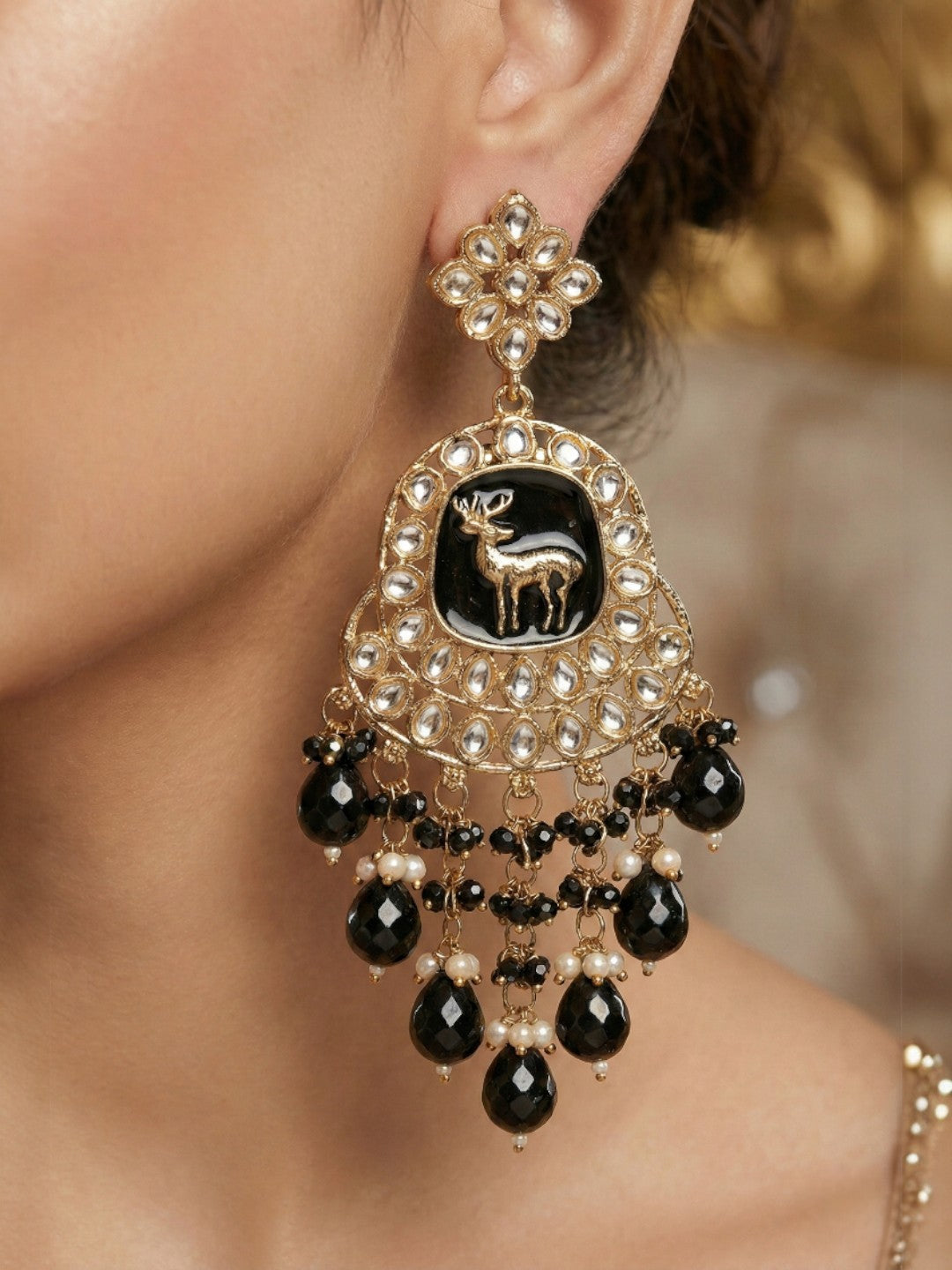 Meira Jewellery Gold Plated Traditional Kundan Drop Earrings for Women, Statement Chandbali Style Earrings with Stone Work and Beaded Dangling Drops, Festive Wedding Party Long Dangler Earrings-14