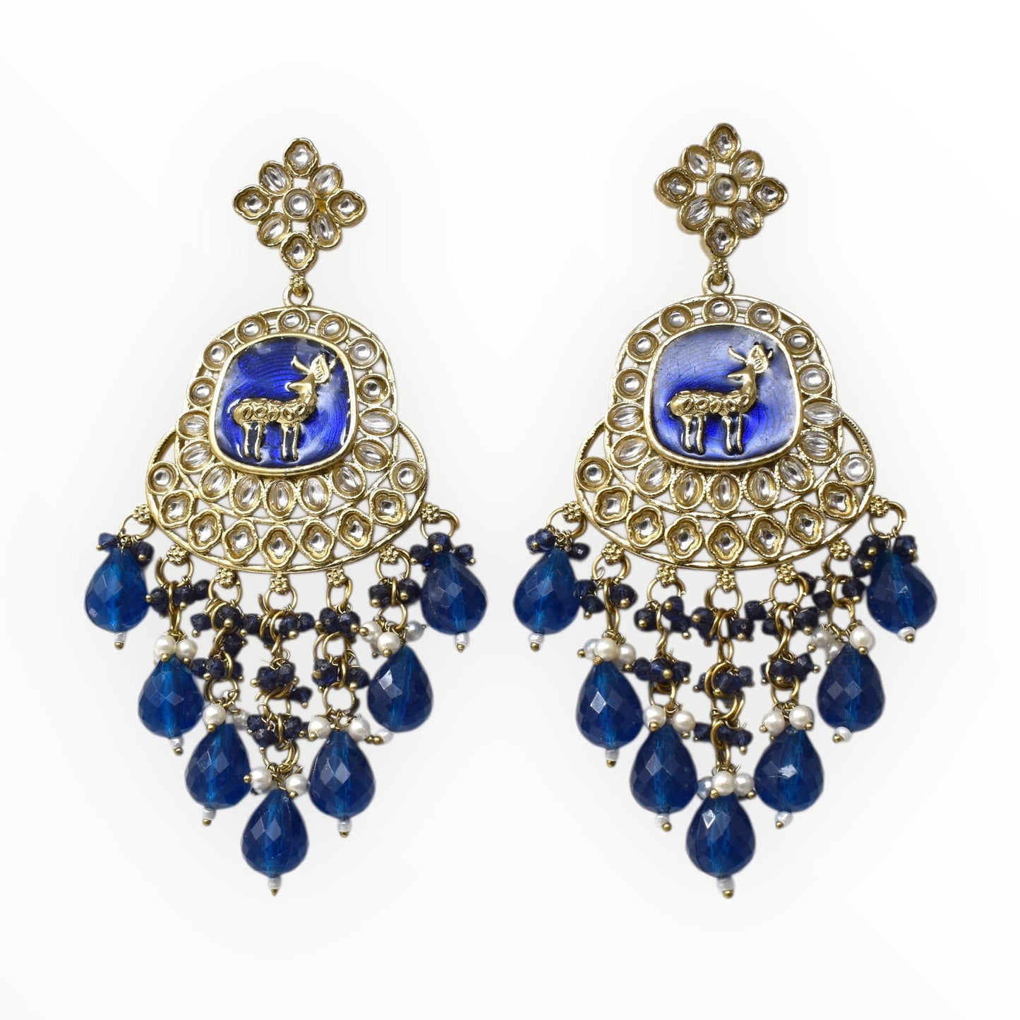 Meira Jewellery Gold Plated Traditional Kundan Drop Earrings for Women, Statement Chandbali Style Earrings with Stone Work and Beaded Dangling Drops, Festive Wedding Party Long Dangler Earrings-15