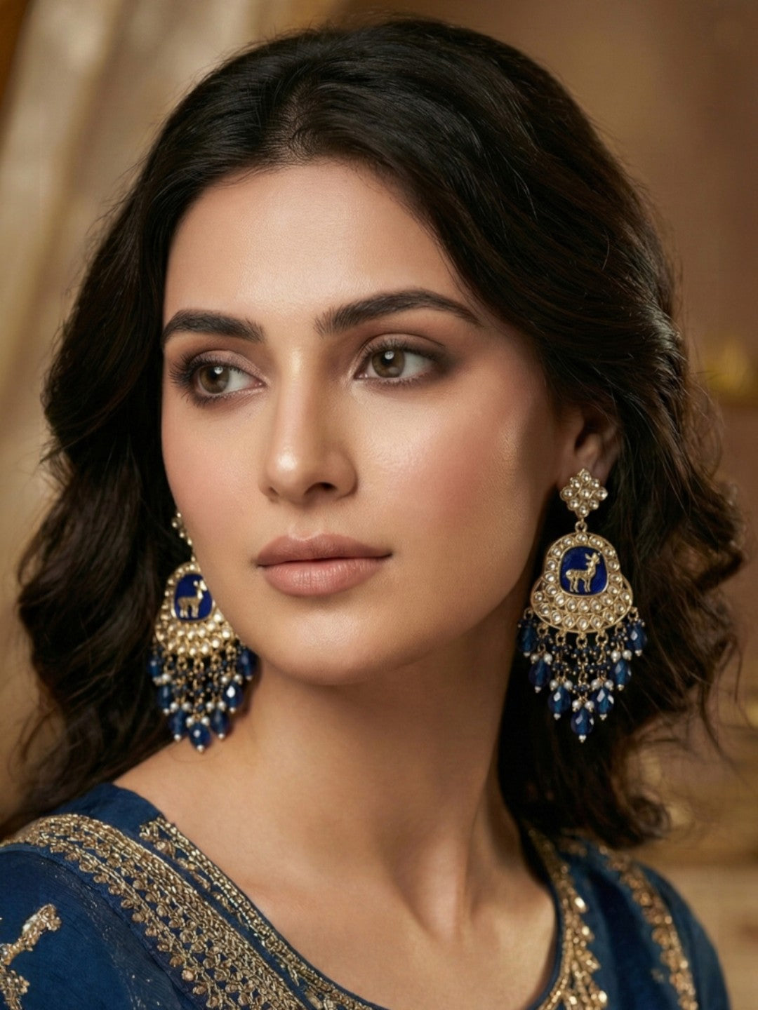 Meira Jewellery Gold Plated Traditional Kundan Drop Earrings for Women, Statement Chandbali Style Earrings with Stone Work and Beaded Dangling Drops, Festive Wedding Party Long Dangler Earrings-15