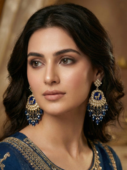 Meira Jewellery Gold Plated Traditional Kundan Drop Earrings for Women, Statement Chandbali Style Earrings with Stone Work and Beaded Dangling Drops, Festive Wedding Party Long Dangler Earrings-15