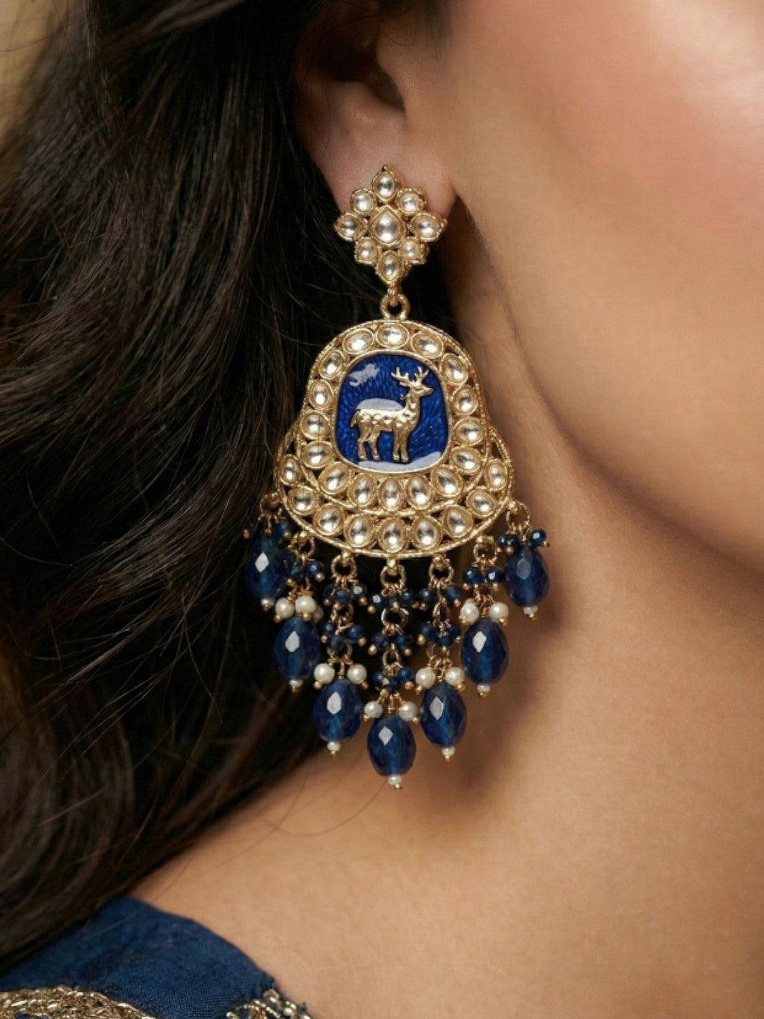 Meira Jewellery Gold Plated Traditional Kundan Drop Earrings for Women, Statement Chandbali Style Earrings with Stone Work and Beaded Dangling Drops, Festive Wedding Party Long Dangler Earrings-15