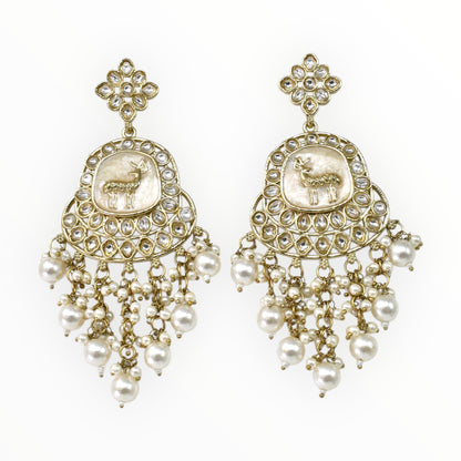 Meira Jewellery Gold Plated Traditional Kundan Drop Earrings for Women, Statement Chandbali Style Earrings with Stone Work and Beaded Dangling Drops, Festive Wedding Party Long Dangler Earrings-16