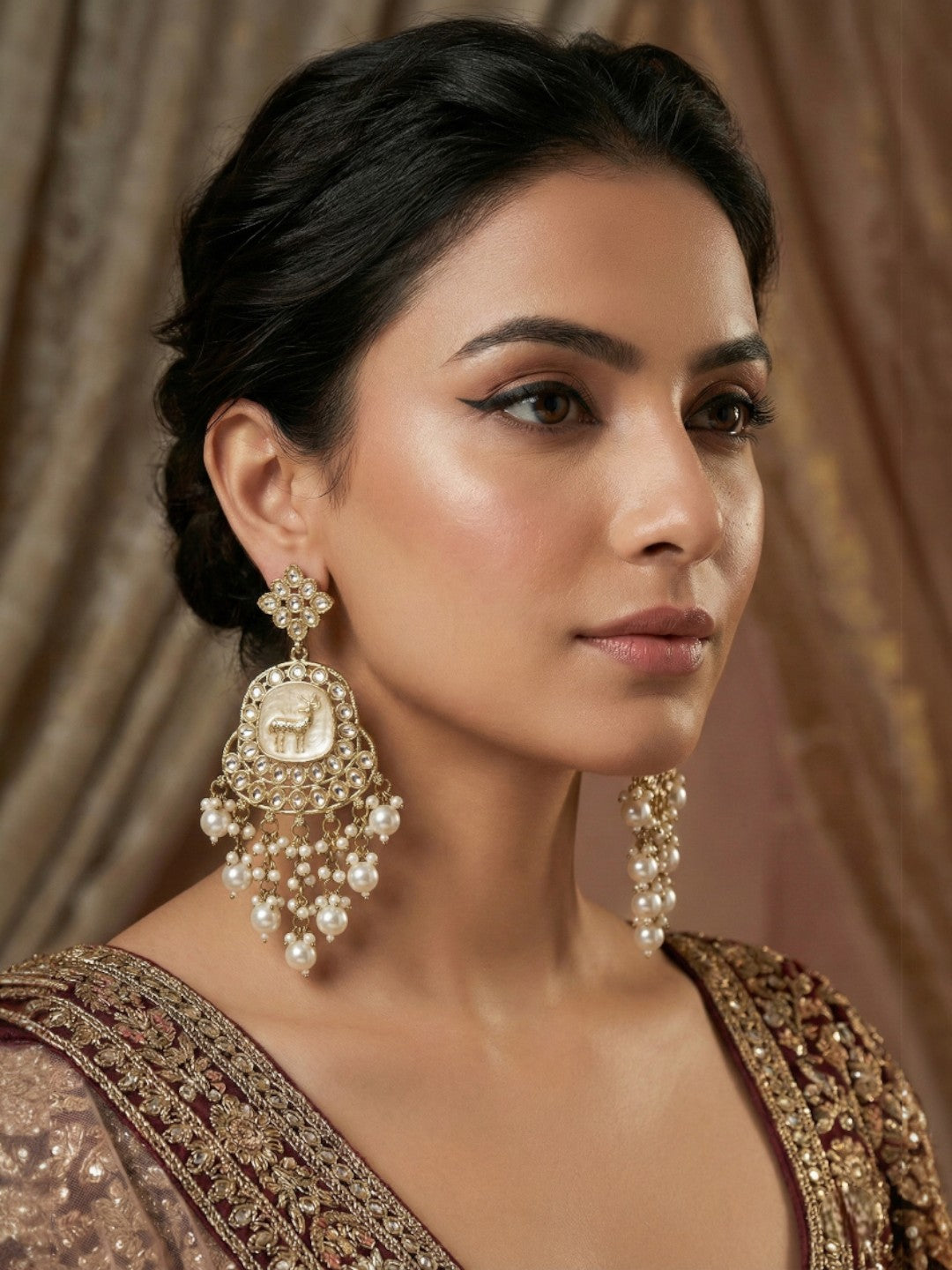 Meira Jewellery Gold Plated Traditional Kundan Drop Earrings for Women, Statement Chandbali Style Earrings with Stone Work and Beaded Dangling Drops, Festive Wedding Party Long Dangler Earrings-16