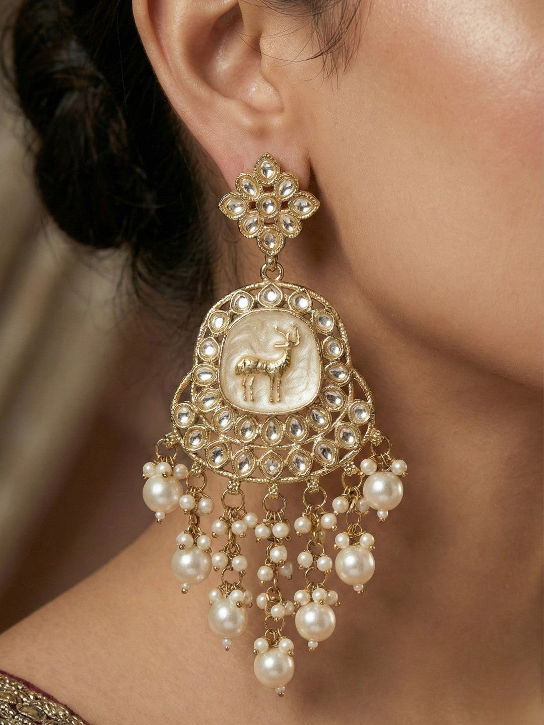 Meira Jewellery Gold Plated Traditional Kundan Drop Earrings for Women, Statement Chandbali Style Earrings with Stone Work and Beaded Dangling Drops, Festive Wedding Party Long Dangler Earrings-16