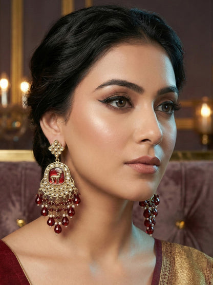 Meira Jewellery Gold Plated Traditional Kundan Drop Earrings for Women, Statement Chandbali Style Earrings with Stone Work and Beaded Dangling Drops, Festive Wedding Party Long Dangler Earrings-17