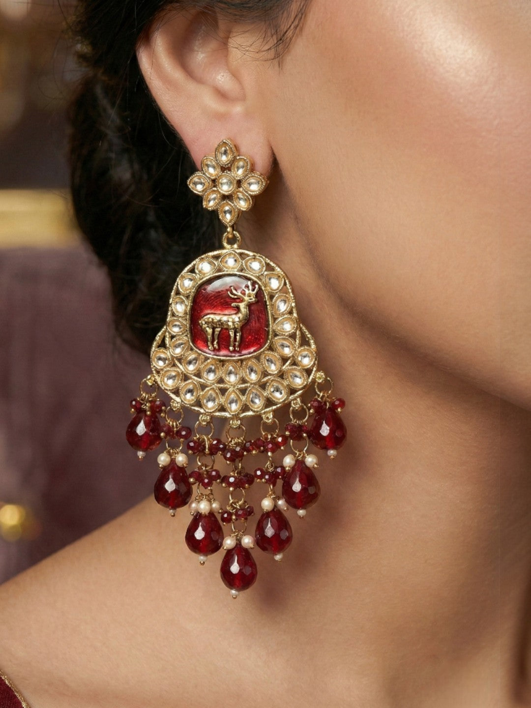 Meira Jewellery Gold Plated Traditional Kundan Drop Earrings for Women, Statement Chandbali Style Earrings with Stone Work and Beaded Dangling Drops, Festive Wedding Party Long Dangler Earrings-17