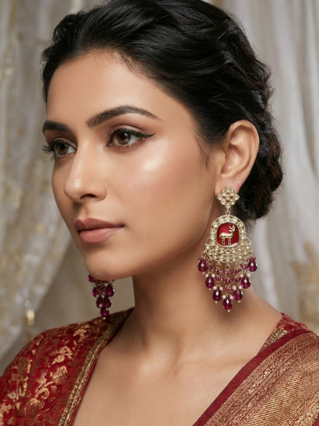 Meira Jewellery Gold Plated Traditional Kundan Drop Earrings for Women, Statement Chandbali Style Earrings with Stone Work and Beaded Dangling Drops, Festive Wedding Party Long Dangler Earrings-18