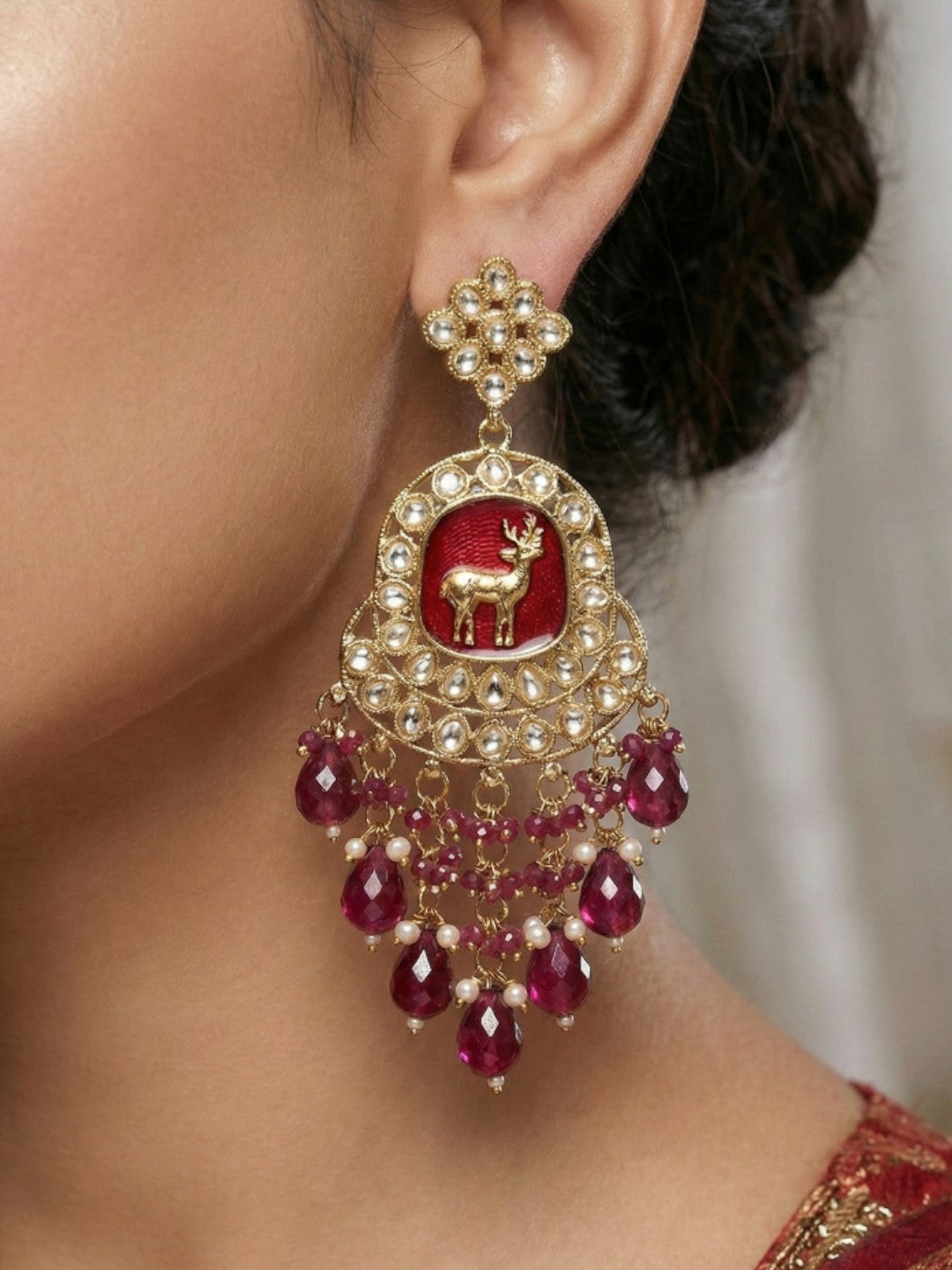 Meira Jewellery Gold Plated Traditional Kundan Drop Earrings for Women, Statement Chandbali Style Earrings with Stone Work and Beaded Dangling Drops, Festive Wedding Party Long Dangler Earrings-18