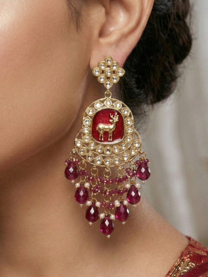 Meira Jewellery Gold Plated Traditional Kundan Drop Earrings for Women, Statement Chandbali Style Earrings with Stone Work and Beaded Dangling Drops, Festive Wedding Party Long Dangler Earrings-18